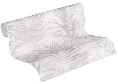 A.S. Création Papier Peint Intissé - Papier Peint à Motif de Palmiers en Gris, Blanc et Crème - Papier Peint pour Diverses Pièces - Papier Peint Mural de 10,05 m x 0,53 m