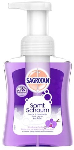 Sagrotan Samt-Schaum Seife Vanille & Orchidee – 1 x 250 ml Schaumseife im Seifenspender