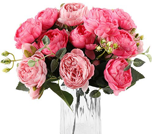 DEEMEI U/N Künstliche Pfingstrosen, Seide, Pfingstrosen, Blumenstrauß, 4 Bündel, künstliche persische Rose mit Eukalyptusblättern, für Zuhause, Hochzeit, Party, Dekoration (Rosarot + Rosa)