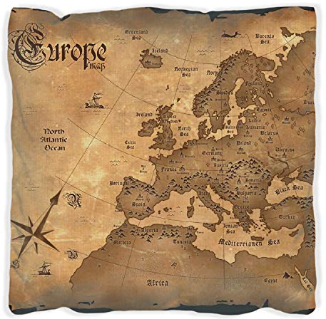 Wallario Dekokissen 40 x 40 cm, Alte Weltkarte Karte von Europa in englisch, beidseitig Bedruckt, Kuschelkissen mit weicher Plüsch-Oberfläche