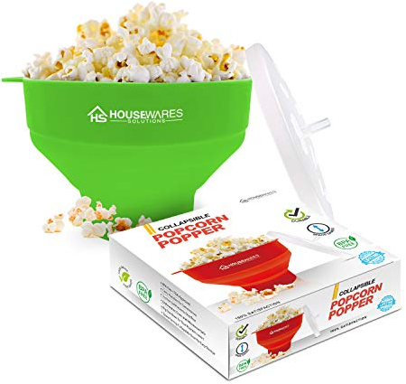 Cuenco plegable de silicona para palomitas de maíz de aire caliente de microondas con tapa y asas (Green)