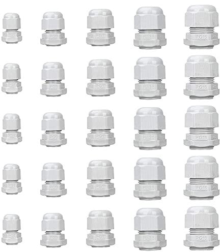 25 Stück Kabelverschraubung Set, Einstellbar Kabelverschraubungen Grau Kabeldurchführung Wasserdicht PG7 PG9 PG11 PG13.5 PG16 Nylon Kabelverschraubungen