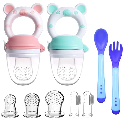 2pcs Sucettes de Fruits Bébés Tetine a Fruit BeBe Mangeoire pour Bébés de Fruits Sans BPA + 3 Tétines en Silicone en 3 Tailles + 2 Brosses à Doigts pour Bébé (Vert + Rose)
