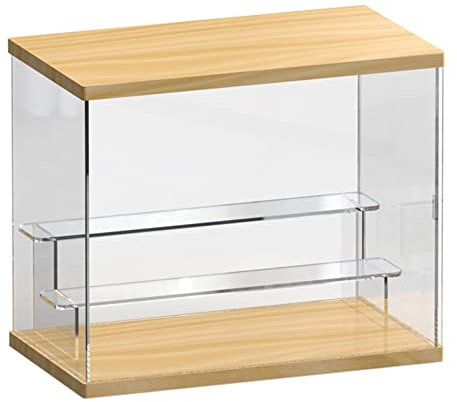 Nynelly 3 Tier Clear Acrylic Display Case for Models, Mini Figures, Pop Mart, Labubu, Sonny Angel, Smiski - Assemble Dustproof Display Box with Door, Display Stand (Wood Top Base,Clear Step)