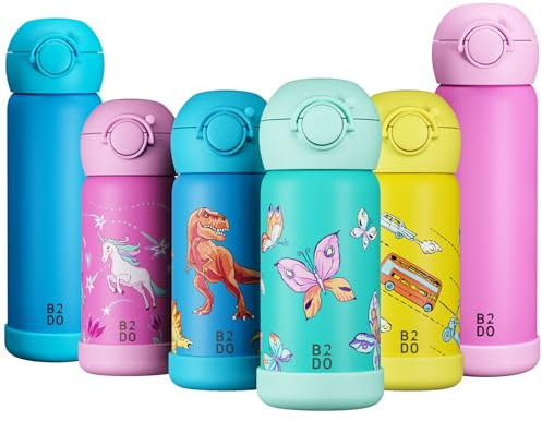 B2DO Isotherme 316 Gourde Enfant 350ml Papillon | Bouteille Isotherme Antifuite et Isolée pour École | Gourde sans BPA avec Paille pour Enfants