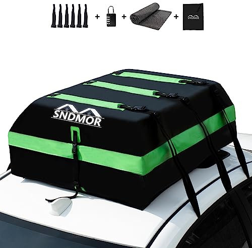SNDMOR Car Roof Bag, 595L/21 Cubic Feet Waterproof Car Rooftop Cargo Carrier Bag, For All Vehicle With/Without Racks, Includes Anti-Slip Mat + 6 Reinforced Straps + 6 Door Hooks (Green)
