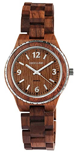Excellanc Unisex-Holzuhr Leuchtzeiger Faltschließe Analog Quarz 2810007 (Walnussholz)