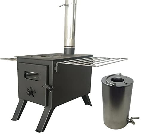 DWD ® Epping Camping Stove Set Portable Outdoor Log Wood Burner with Wing Racks, Stainless Steel Water Boiler Tank Stainless Steel Flue- Compact Camping(DWD-EP533 EPPING STOVE & 5L water heater)
