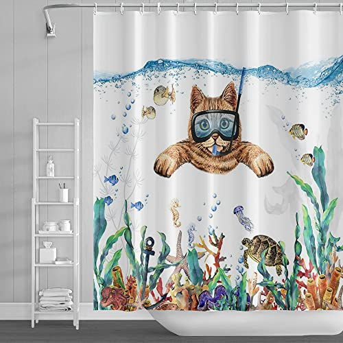 SDOTPMT 122x183cm Chat Marrant Nager sous l'eau Rideaux de Douche Monde océanique Tortue de mer Poulpe Poisson Herbe de mer Rideau de Bain pour Enfants Enfants Rideau de Salle Bain avec Crochets