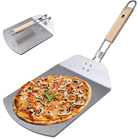 MasterPRO Foodies Pizza Peel Stainless Steel Pizza Peel Dimensions 57.8 x 24.3 x 3.4 cm Rubber Handle in Wood Colour Removes Your Pizzas Reliably and Safely from The Oven