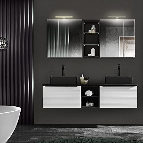 Lomadox Badmöbelset mit 150 cm Doppelwaschtisch inkl. Keramikwaschbecken in weiß mit Sherman Oak Eiche Nb., 2X LED Spiegelschrank, B/H/T: ca. 150/200/46 cm