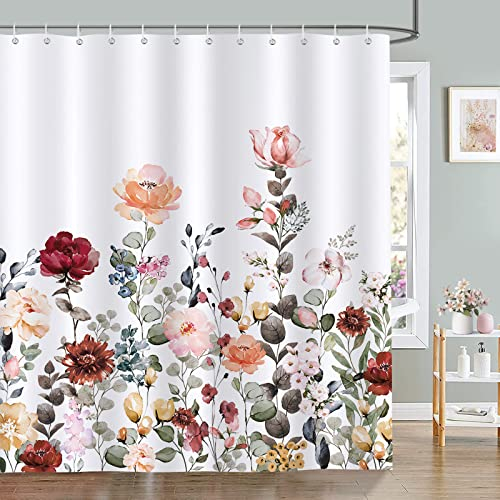 Bonhause Duschvorhang Blumen Blätter Pflanzen Frühling Duschvorhänge 180 x 180 cm Anti-Schimmel Wasserdicht Polyester Stoff Waschbar Bad Vorhäng für Badzimmer mit 12 Haken
