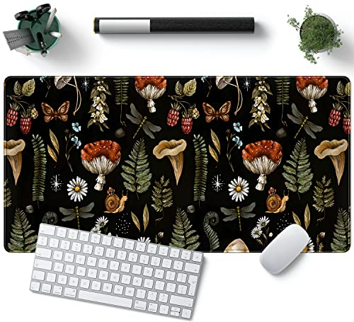 Schwarzes Mauspad, Landhauskern, ästhetische Mauspads, Pilz, Mond, Schreibtischunterlage, Vintage-Mauspad, Wald, magische Natur, großes Schreibtischunterlage, rutschfeste Computermatte, 80x39 cm