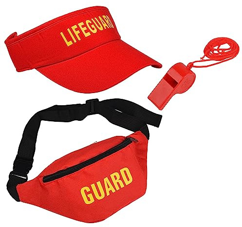 Bohue Rettungsschwimmer-Kostüm-Set, leeres Oberteil, Sonnenhut, verstellbarer Hut, rot, wasserdicht, Hüfttasche, Kunststoffpfeife, Kostüm-Zubehör für Männer und Frauen, 3-teilig