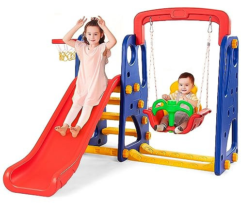 COSTWAY 3 en 1 Toboggan Enfants avec Panier de Basketball & Balançoire, Aire de Jeu avec Coins Arrondis, Jouet d’Escalade pour Enfants de 3 à 8 Ans