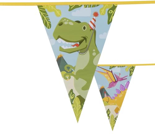 NET TOYS Aufregende Dinosaurier Wimpelkette - Bunt ca. 6m Länge/Wimpel Größe: 30x20cm - Originelle Party-Deko Dino Wimpel-Girlande