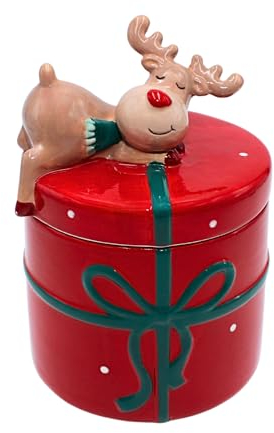 Dekohelden24 Keramik Weihnachtsdose - Keksdose - Dose mit Deckel als Geschenk mit Elch, in rot, Maße L/B/H ca. 10 x 10 x 14 cm