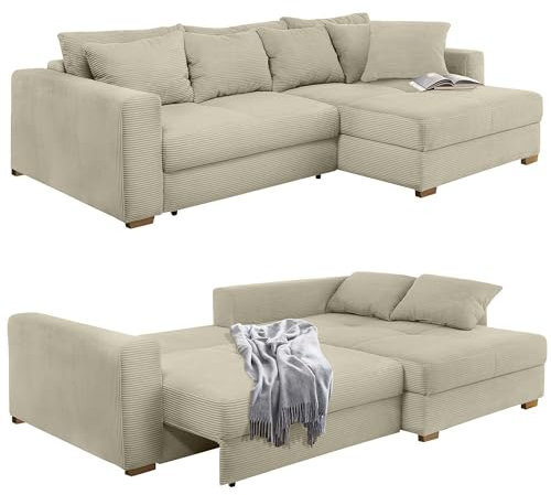 Dauerschlaf-Ecksofa mit Federkernpolsterung 288x186 cm, Bettkasten, Schlaffunktion mit 3 qm Liegefläche, Ottomane links oder rechts montierbar, mit Cord-Bezug in Beige Grau / 15154