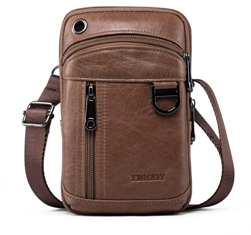 EDIMRAY Handytasche Zum Umhängen Herren Leder Gürteltasche Kleine für Männer Handy Umhängetasche 7 zoll Echtleder Vintage Schultertaschen Hüfttasche (Stil A: Kaffeefarbe)