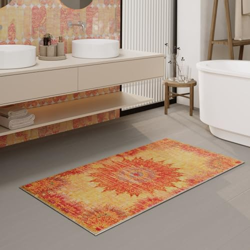 Waschbarer und Rutschfester Vintage Badezimmerteppich von WECONhome mit orientalischem Muster - Eleganz und Komfort für jedes Bad - Healing (55 x 65 cm, gelb)