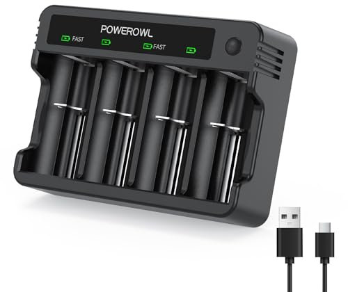 POWEROWL AA AAA C D Battery Charger, Universal Battery Charger for Ni-MH Ni-CD Rechargeable Batteries (USB Fast Charging, Input DC 5V 2A, Independent Slot)