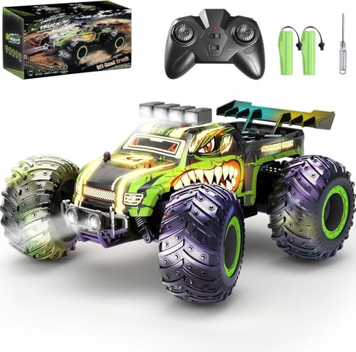 Comius Sharp Coche Teledirigido para Niños, Monster Truck Teledirigido a 20 km/h con 2 Faros y 2 Baterías, Coche RC Todoterreno Dinosaurio 2,4 GHz para Niños de 6 a 12 Años
