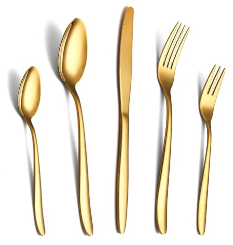 SANLI Set Posate Oro 12 Persone in Acciaio Inox con Coltello Forchetta e Cucchiaio 60 Pezzi Elegante e Resistente per Casa e Ristorante