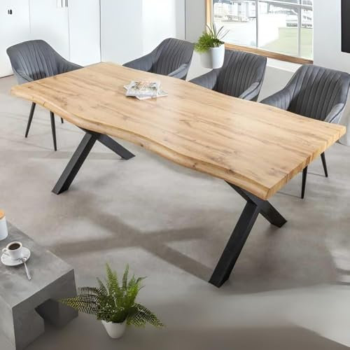 LEBENSwohnART Wildeiche-Design Esstisch Oakland 160cm schwarzes X-Metallgestell 5cm Baumkante