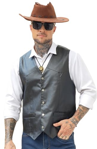 Giftdigger Black Western Cowboy Vest Men,Adult Vintage Cowboy Suit Vest, Slim Wedding Vests,Leather Light Casual Vests,Vintage Western Casual Waistcoat, 2XL