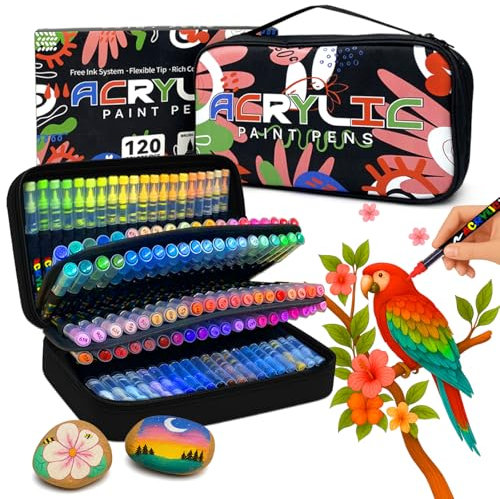 Mockredn 120 Marqueurs Acryliques Tête de brosse de 1 à 5 mm，Boîte Cadeau et Fourre-tout Assortis，Feutre Acrylique pour Peinture sur Roche, Verre, Tasses, Bois, Métal, Toile Bricolage - Non toxique
