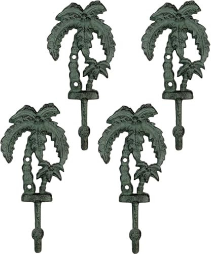 4 Pack Heavy Duty Palm Tree Cast Iron Wall Hooks – Rustic Coastal Decor with Tumbled Finish, 8” Tall Beach-Themed Hook Set – Wall Mount Towel, Hat, or Key Holder