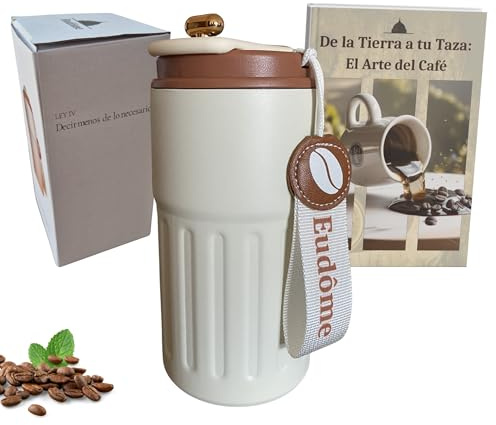 Eudôme Taza Térmica Cafe para llevar | Termo Café 450 ml, Vaso Térmico café con Aislamiento Doble Pared - Taza de Cafe de Acero Inoxidable sin BPA. Taza Térmica Hermética (Crema - Marrón Buna)