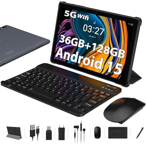 Tablet 10 Zoll, Touchscreen mit 36 GB RAM 128 GB ROM/2 TB TF, Octa-Core 2,0 GHz, 5G WiFi, WiFi 6, Widevine L1, GMS-zertifiziert, 8 MP, Android 15 Tablet mit Tastatur/Hülle/Kopfhörer/Maus/Eingabestift