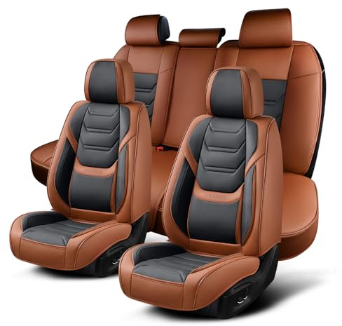 TIEHESYT Leder-Autositzbezug Komplettset mit Lordosenstütze wasserdichte Sitzbezüge - universell für Pkw/LKW/SUVs/Limousinen - Airbag-kompatibel (Vorder- & Rücksitze, Braun/Schwarz)