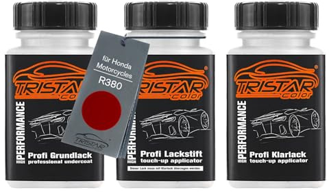 TRISTARcolor Motorradlack Lackstifte für Honda R380 Grand Prix Red +1K | für Honda Motorcycles, Set aus Grundlack + Basislack + Klarlack, Lackfläschchen mit Pinsel, je 50ml