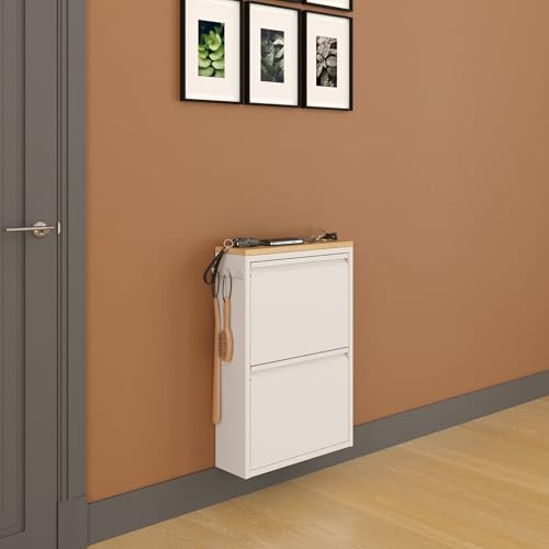 furni24 Schuhschrank Schmal – Platzsparender Metall-Schuhschrank mit Magnetklappen, Platz für 4-6 Paar Schuhe, Wandmontierbar und Vormontiert - 2 Klappen, Weiß-Saphir Eiche Dekor