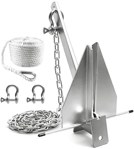 FORTATO Boat Anchor Stainless Steel 3 LB/5 LB/8.5 LB/Galvanized Fluke Anchor Kit with Chain, Rope and Shackle, Boat Anchor Kit for 5-9/8–16/12–25/ ft Pontoon, Fishing and Bass Boats