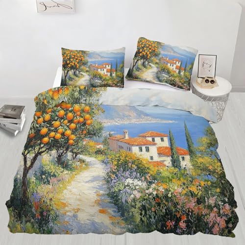 Amalfi Coast Komplettes Bettwäsche-Set, Gelb Zitrone, Bettbezug mit Kissenbezügen, Landschaft, Doppelbett für Kinderzimmer, Dekor, weich und atmungsaktiv