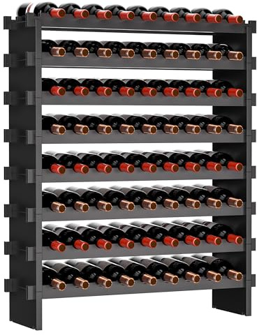 VASMIA Botellero de Bambú Apilable, Independiente para 72 Botellas, sin Montaje, 8 Niveles, para Cocina, Bar, Comedor, Sótano, Negro