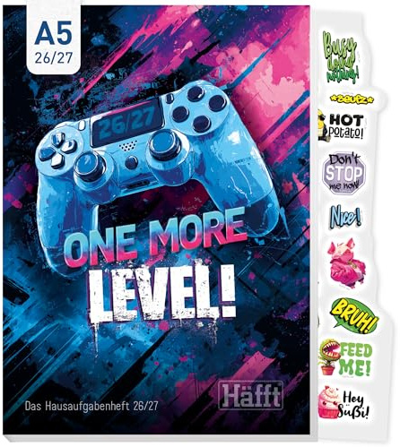 Häfft® Original Hausaufgabenheft 2026 2027 A5 One more Level | Der ultimative Schülerkalender - Schülerplaner, Schulplaner mit Stickern, Facts & Fun