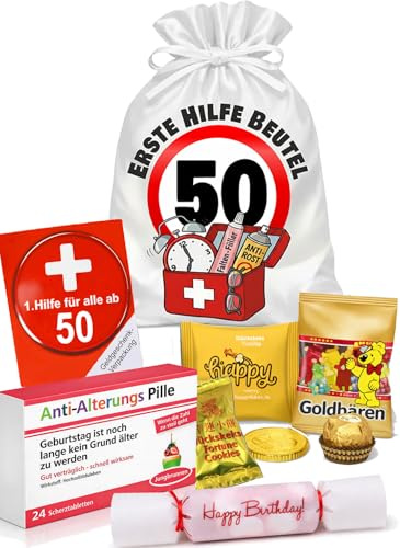 Erste Hilfe Beutel zum 50. Geburtstag mit Geschenkbox & Anti-Alterungs-Scherzpillen – Lustiges Geldgeschenk Verpackung inkl. Satinbeutel, Glückskeksen & Konfetti-Bonbon