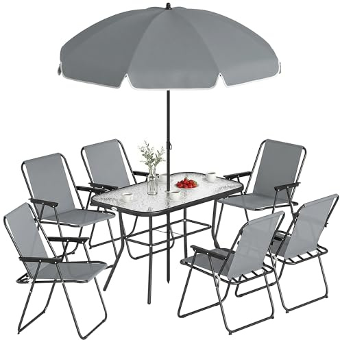 Outsunny Gartenmöbel Set Sitzgruppe 8-teilig 119 x 68cm Glastisch mit 6 Klappstühlen Sonnenschirm Wasserwellenmuster, Atmungsaktive Essgruppe Gartenset Gartengarnitur für Garten Terrasse Grau