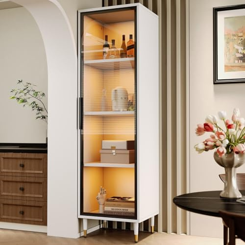 KOMHTOM Vitrine en Verre avec LED pour Collection, Meuble de Rangement avec Portes Vitrées et Capteurs Intelligents, pour Salon , Chambre à Coucher, Bureaux (Blanc-D)