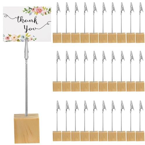 30Pcs Fotohalter mit Klammern - Naturholzfarbe Holz Fotoständer, Postkartenhalter, Fotohalter mit Klammern Memo Clip Halter Ständer, Tischkartenhalter mit Krokodilklammer für Heimdekoration