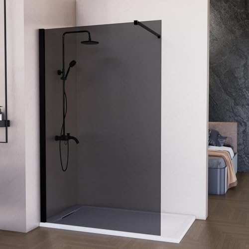 HOGAKIS Mampara de Ducha Fija Negra 80 x 200 cm Ahumada, Cristal Templado Translucido 8 mm con Antical, Panel Walk In Reversible para Baño Moderno