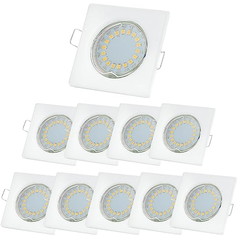 Sweet Led Einbaustrahler weiß Eckig GU10 230V Set 5W Einbauleuchten Deckenspots Deckenstrahler leuchten aus Glas warmweiß 3000K Einbauspots für 10er Set