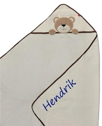 KIDDI-MEDIA Kapuzenhandtuch Bestickt mit Name und Geburtsdatum / 100x100 cm/kuschelig weich / 1A Qualität / 100% Baumwolle (Beige - BÄR)
