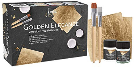 SELVA Vergoldungs-Komplettset, inkl. Blattgold/Blattmetall, Anlegemilch, Pinsel und Überzugslack, auf Wasserbasis, zum Veredeln von DIY-Projekten
