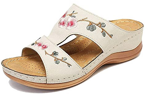 Donna Estive Sandali alla Moda Zeppa Ricamato, Morbuy Taglia Larga Roma Comoda Pantofole Tacco 5 CM Sandali con Plateau Casual Bocca di Pesce Ciabatte Aperte per Spiaggia Viaggio (35,Beige)