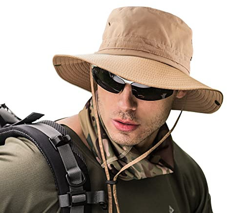 Fischerhut mit breiter Krempe Sonnenschutzhut mit atmungsaktivem Safarihut und Fischerhut Wandermützen Boonie-Hüte für Mann, dunkles kaki, 7 / 7 1/8
